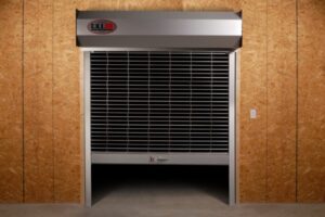 A rolling steel commercial garage door.